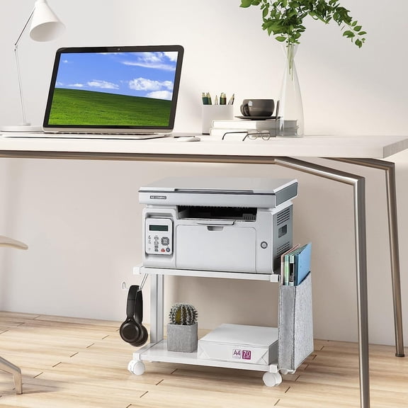 2Tier Under Desk Printer Table with Storage & Wheels White Printer Cart for Home