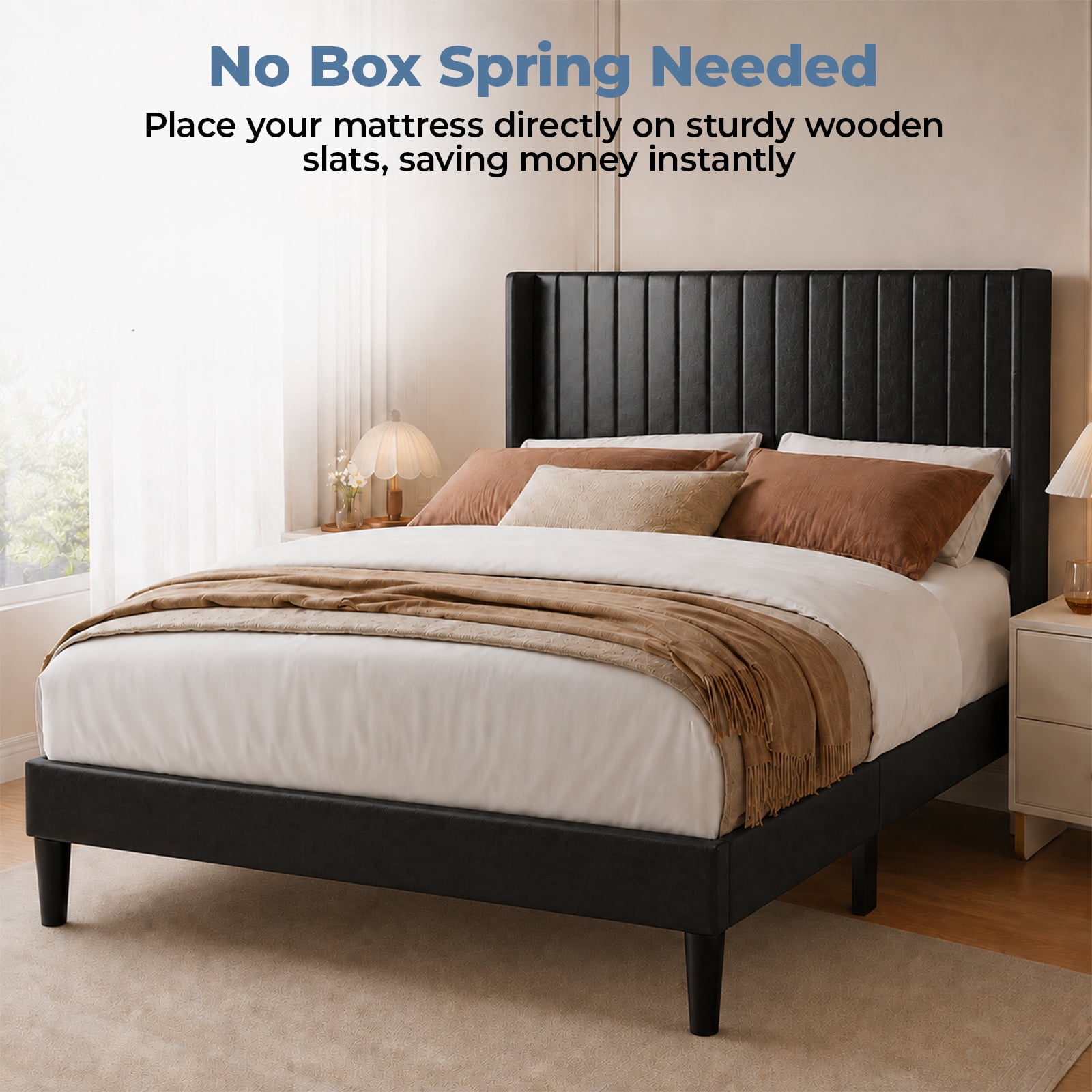 Alvantor Upholstered Bed Frame, Fabric-covered Wing-shaped Headboard and Wooden Crossbars, Bed Frame with Storage Space, Easy Assembly, Noise Free, No Box Spring Needed