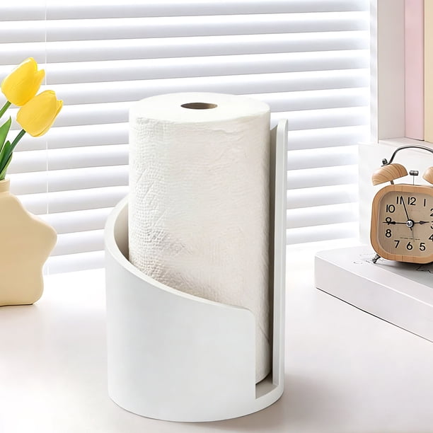 Soporte de madera natural para toallas de papel de sobremesa: soporte de hierro resistente con base redonda, fácil de abrir con una sola mano para usar en la cocina o el baño.