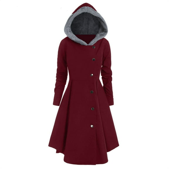 Womens Vintage Dress Winter Long Sleeve Button Hooded Prom Dress Retro Casual Comfy A Line Swing Cocktail Dress