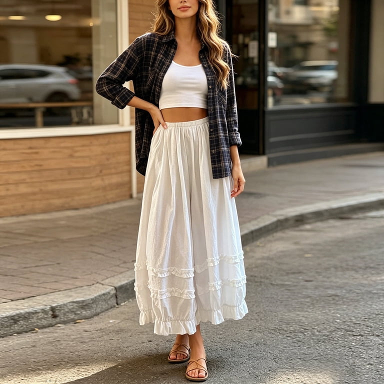 Ibiyuan Women Dress Pants High Elastic Waisted Palazzo Pants Flowy Trousers Drawstring Lounge Pants Women with Pockets Summer Beach Vacation Outfits
