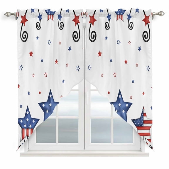 4th of July Kitchen Window Curtains, Swag Curtains Valance for Bedroom Living Room Bathroom, Blue Red Star Watercolor Independence Day Rod Pocket Window Curtain Block Drapes 2 Panels 36"x36"