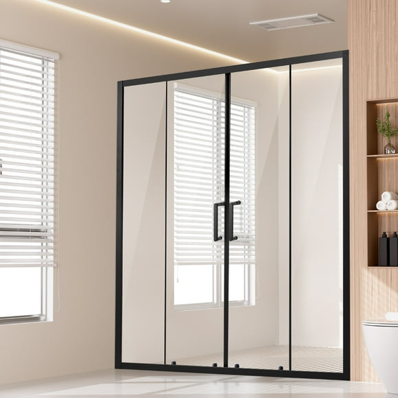 KFFKFF Semi-frameless Shower Door, 57.8-59 W x 70 H in, Double Sliding Glass Door with 1/4 in(6mm) Clear Tempered Glass, Waterproof Shatterproof Stainproof, Matte Black