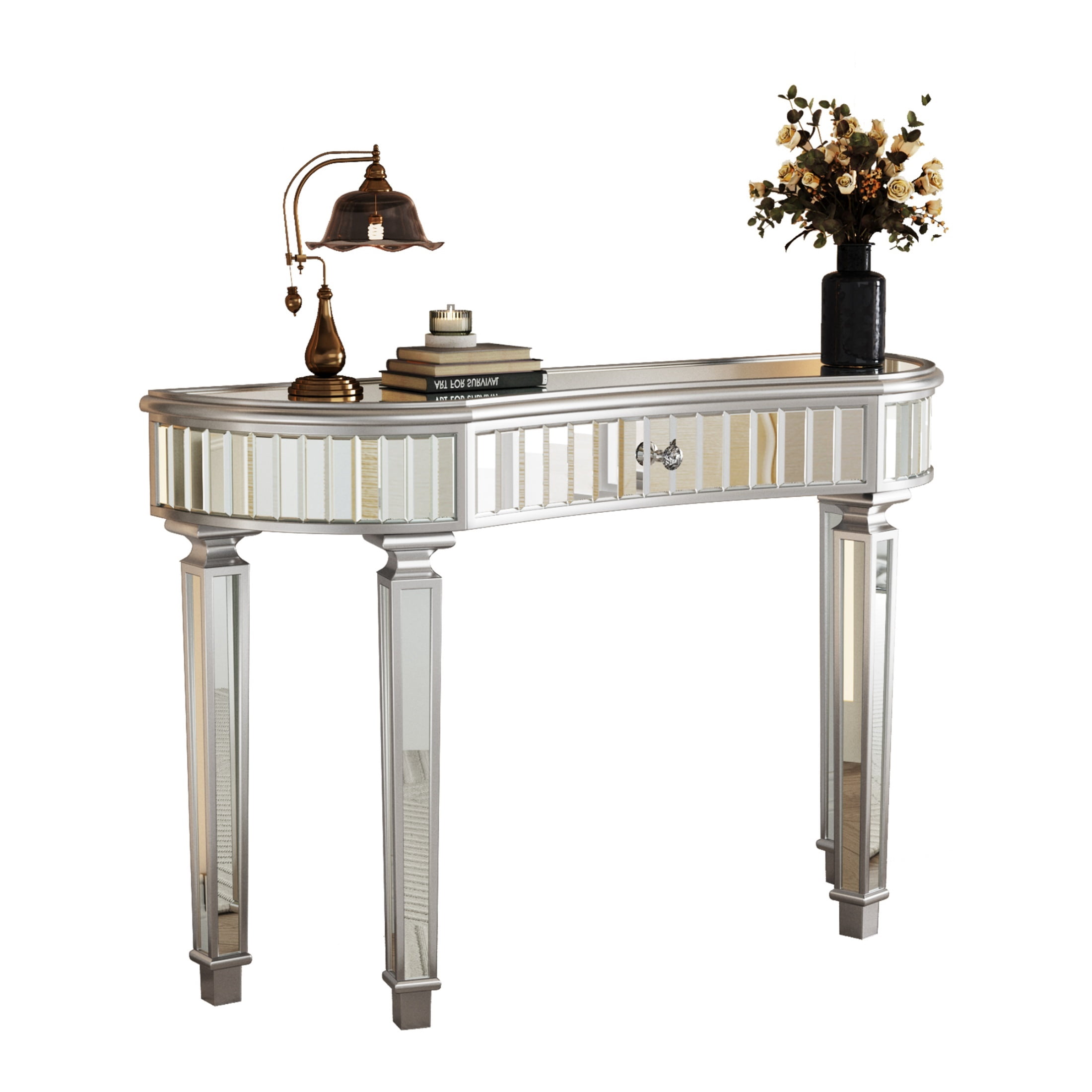 Curved Glass Console Table with Fluted & Crystal Knob Drawer, Mirrored Entryway Display Table, Multi-functional Vanity Desk