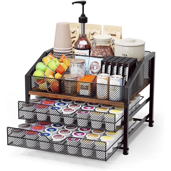 Coffee Bar Organizer, Metal and Wood K-Cup Organizer, Storage Basket for Coffee Pods, Syrup, Cups, Stirrers, Condiments, and Tea, Black and Brown