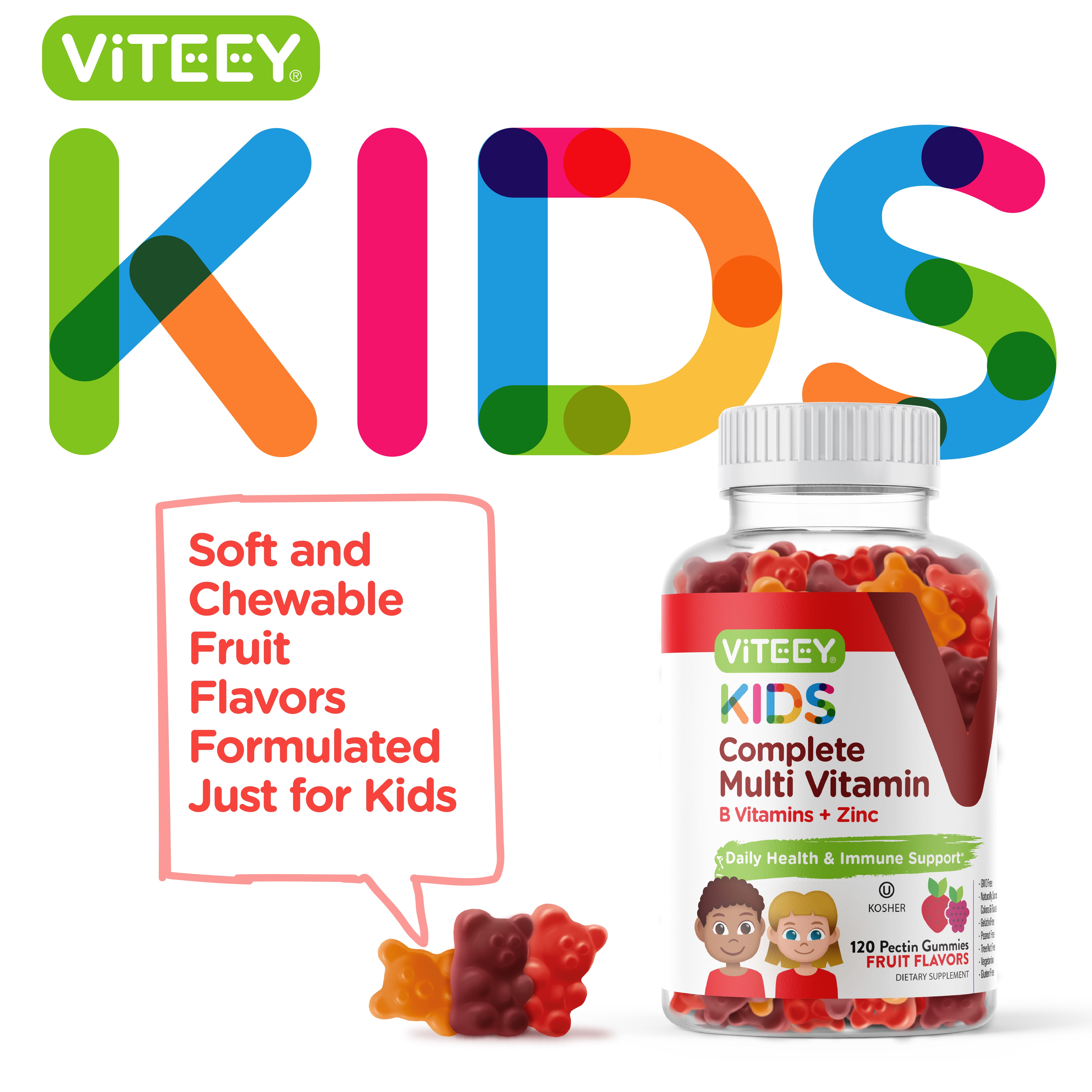 VITEEY Kids Multivitamin, Daily Vitamins for Kids Immune Support, Fruit Flavor, 120 Ct