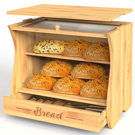 Lnrkai Bamboo Bread Box for Kitchen Countertop, Corner Double Layer Bread Storage Bin with Cutting Board, Farmhouse Kitchen Counter Organizer
