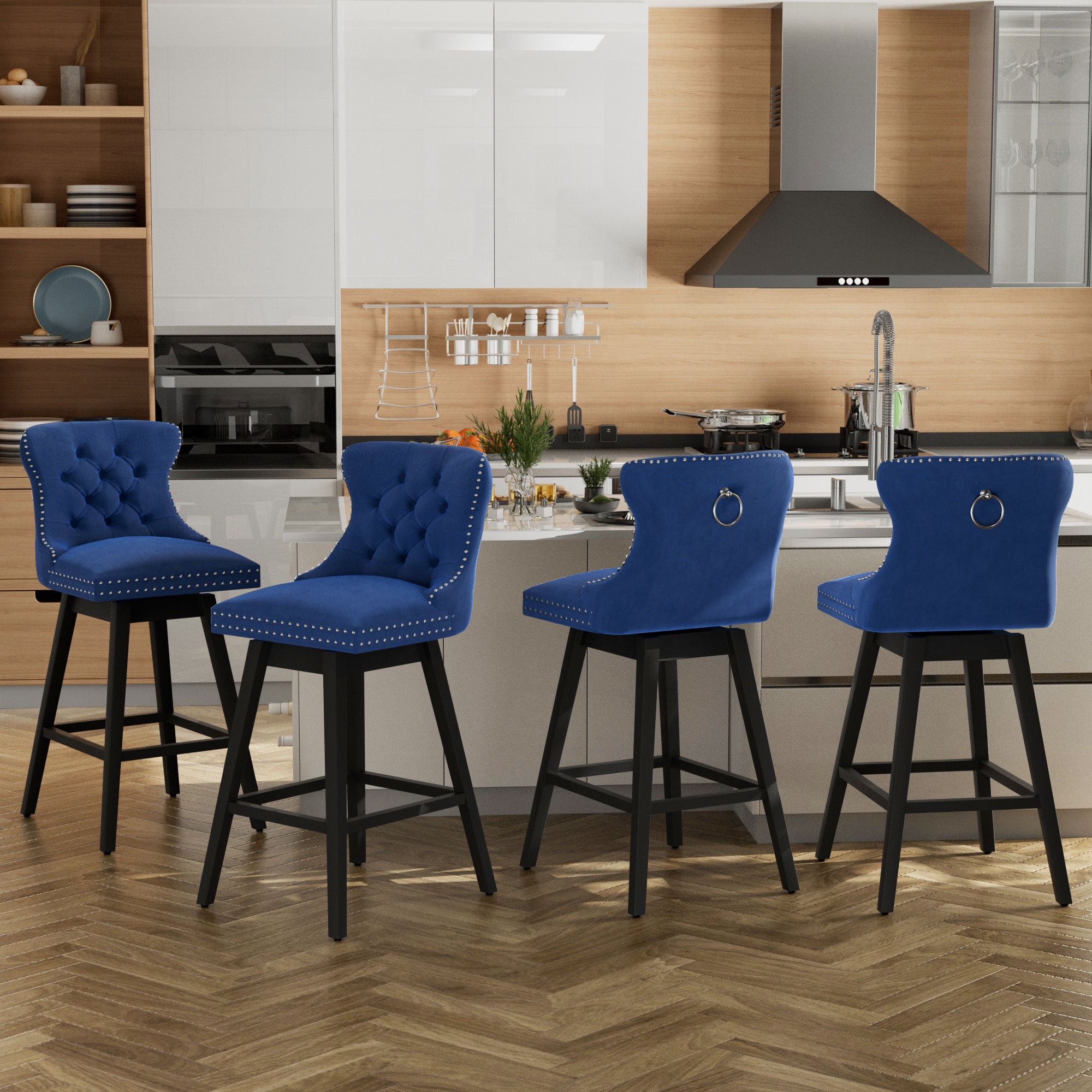 TEWLOSS 26" Swivel Counter Height Bar Stools Set of 4, Blue Velvet Kitchen Stools with Back