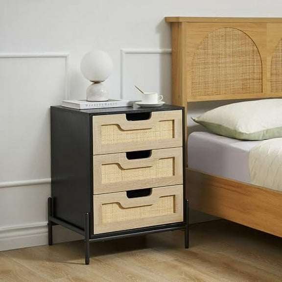 Huisuilinss Nightstand With 3 Rattan Decor Drawer, 25.2 Inch Bedside Table Boho End Tables Side Tables for Living Room,1Pcs