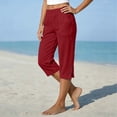 thumbnail image 6 of Womens Summer Wide Leg Cottton Linen Capri Pants Casual Elastic Waist Side Button Beach Vacation Pants with Pockets, 6 of 6