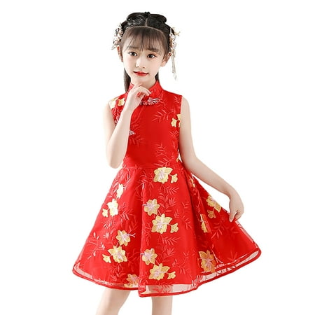 

gvdentm Girls Easter Dress Girls Sleeveless Party Dress Fit and Flare Silhouette Round Neckline & Back Zip Closure Red 12-13 Years