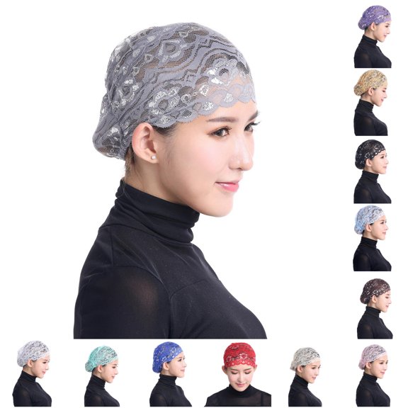 HNMKIU Women Lace Stretch Turban Wrap Cap Loss Hair Scarf Head Baseball Hat Grey,One Size