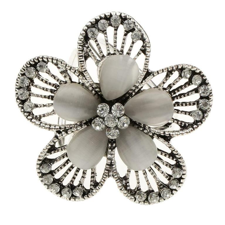 Vintage Signed GB Silver Tone Scarf Ring Clip Pendant Flower Rhinestone  Pearl