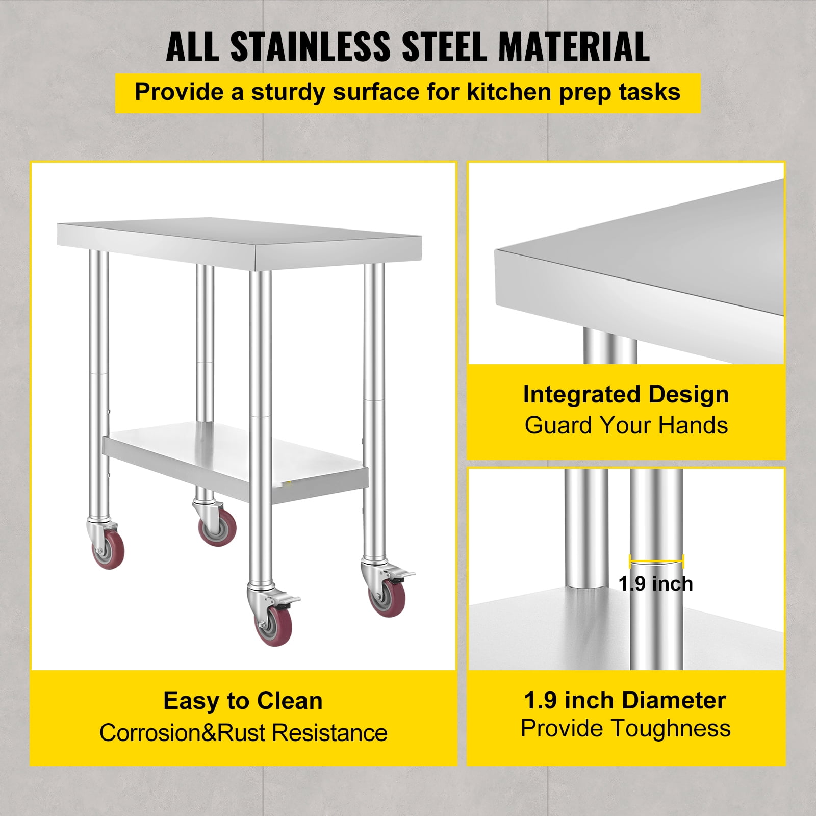 VEVOR Stainless Steel Work Table 30 x 18 x 34 In 4 Wheels Food Prep Commercial Grade 2 Layers
