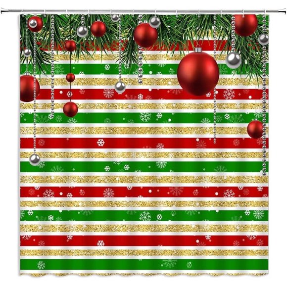Rideau de Douche de Noël Boules de Noël Rouges Sapin de Noël Brindille de Pin Rayures Vertes Rouges Joyeux Noël Joyeux Hiver Décoration des Fêtes Tissu Ensemble de Rideaux de Salle de Bain avec Crochet