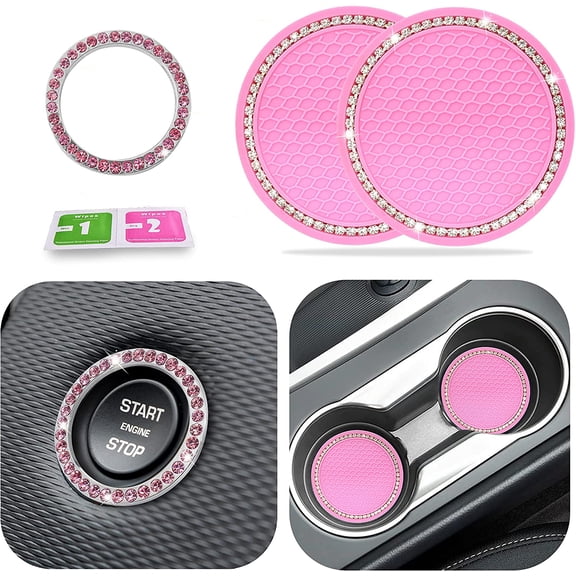 EcoNour Car Cup Coasters (2 Pack) | Pink Push Start Button Bling (1 Pack) | Pink Car Accessories