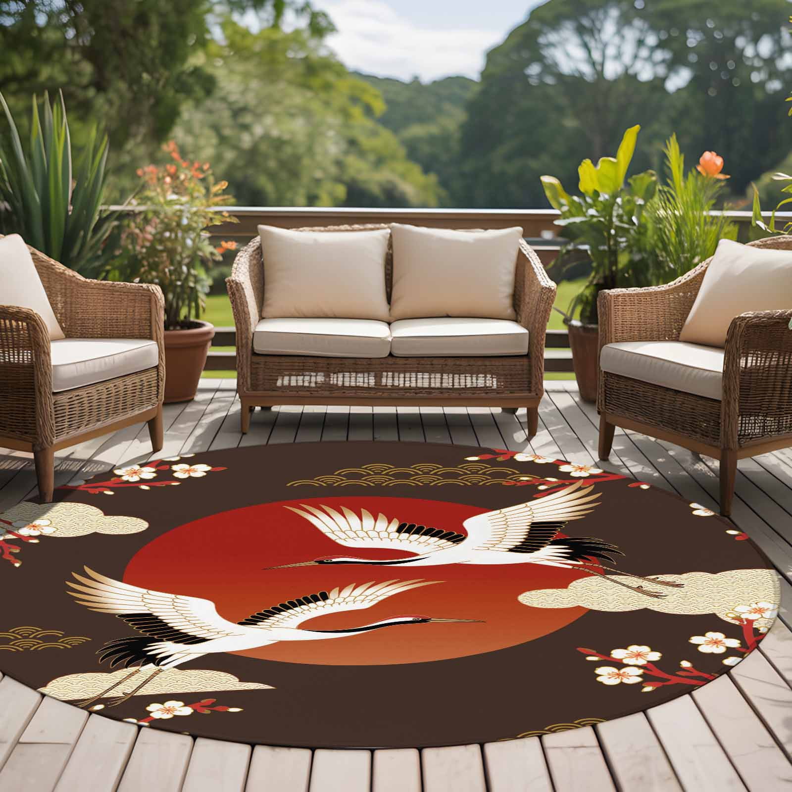 Japanese Style Round Area Rugs Collection 7', Modern Cranes Cherry Flower Wave Brown Non Slip Indoor Circular Throw Runner Rug Floor Mat Carpet for Living Room Dining Table Bedroom Nursery