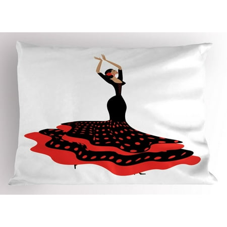 - Spanish Pillow Sham, Sexy Spanish Flamenco Lady in Folkloric Polka Dot Dress Hispanic Gypsy Culture, Decorative Standard Size Printed Pillowcase, 26 X 20 Inches, Vermilion Black, by Ambesonne