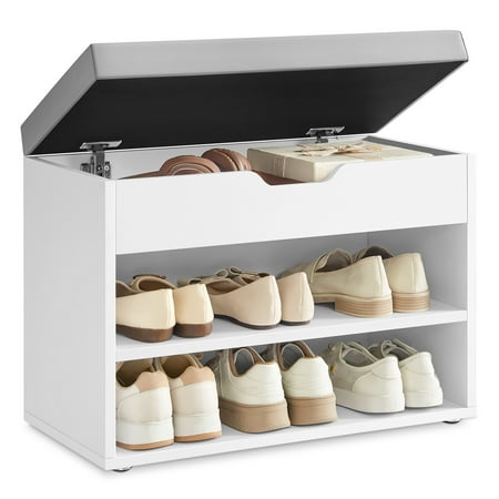 VASAGLE Padded Shoe Bench with Storage Compartments, Entryway Seat with Cushion - Cloud White, 11.8 x 23.6 x 17.3 Inches