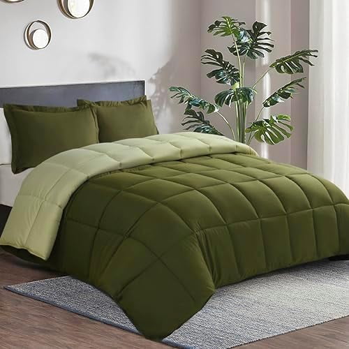 3pc Olive Green California King Comforter Set - All Season Reversible Down Alternative Comforter with Two Shams - Quilted Duvet Insert with Corner Tabs - Box Stitched - Breathable, Soft, Fluffy