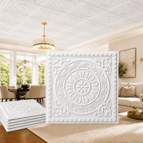 Yeslife 12-Pack Barque White PVC Drop Ceiling Tiles 2x2 ft Waterproof for Living Room Office, 48 sq ft