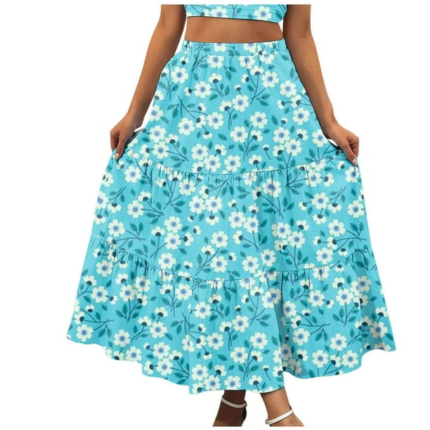 Summer Skirt for Women Boho Floral Print Elastic High Waist Ruffle Tiered Skirts Casual Summer A