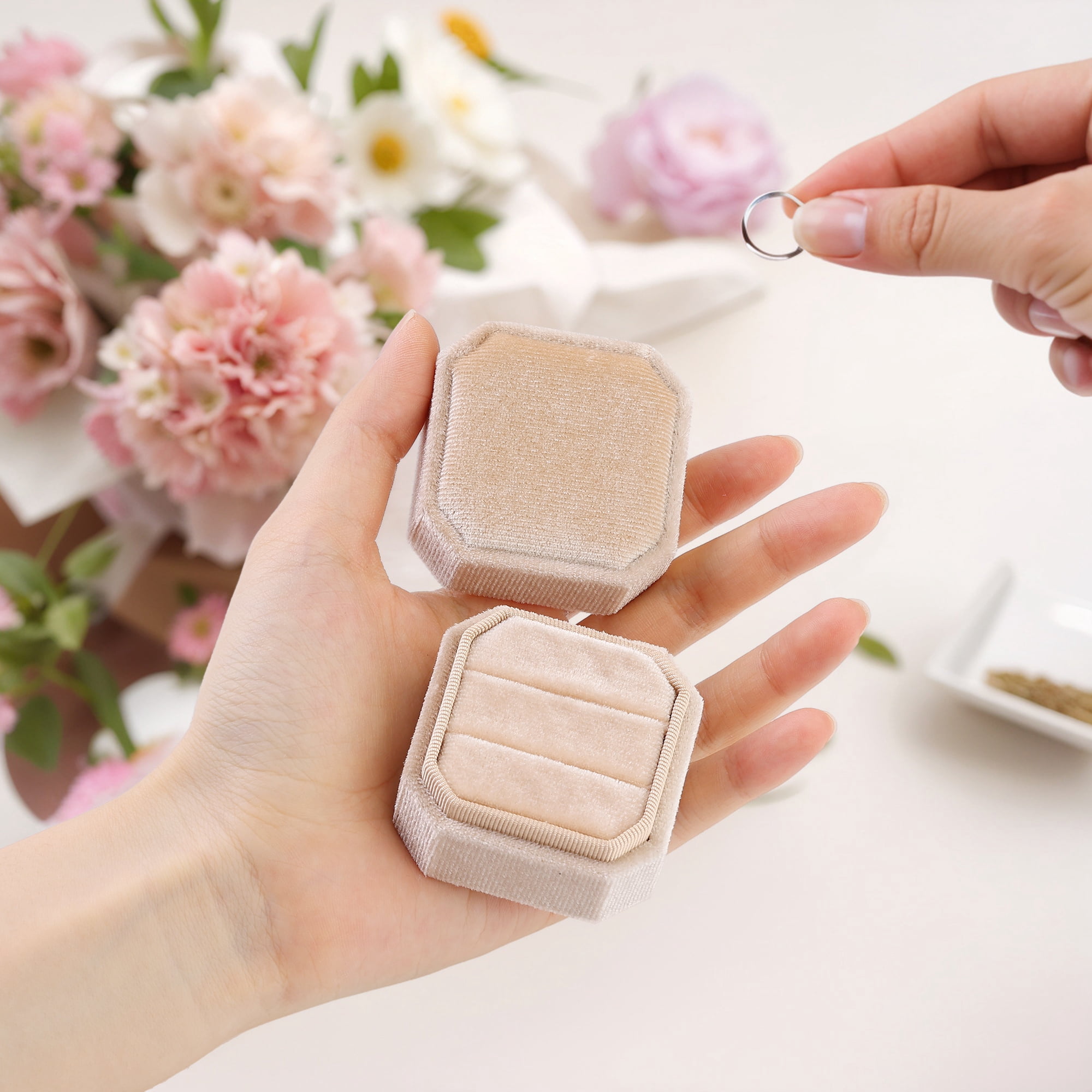 Velvet Ring Box for Proposal Engagement Wedding Ceremony Storage 2 Slots Beige