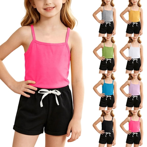 Piuwrlz Tank Top with Shorts Sets Girls 2 Piece Outfit Set Crew Neck Yellow Size 6 Years