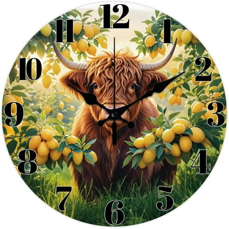 Highland Cattle Wall Clock 12 Inch Lemons Clock Battery Operated Silent Non Ticking Meadows Round Decorative Clocks for Home Office Decoration colorful