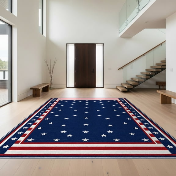 Design&I 8'x10' Washable Area Rug Stars Stripes Welcome Vintage Border Door Striped Patriotic Way Refined for Living Room, Family Extra Large Skid-Resistant Low Profile