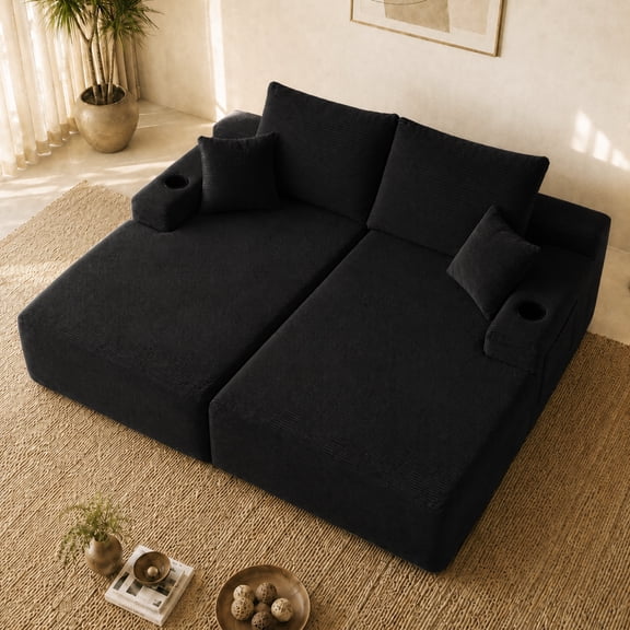 Leumius 69" Cloud Sectional Couch,L-Shape Futon Sofa Bed with R-Shape Chaise with Deep Seat,2 Seater Boneless Couch for Living Room,Black