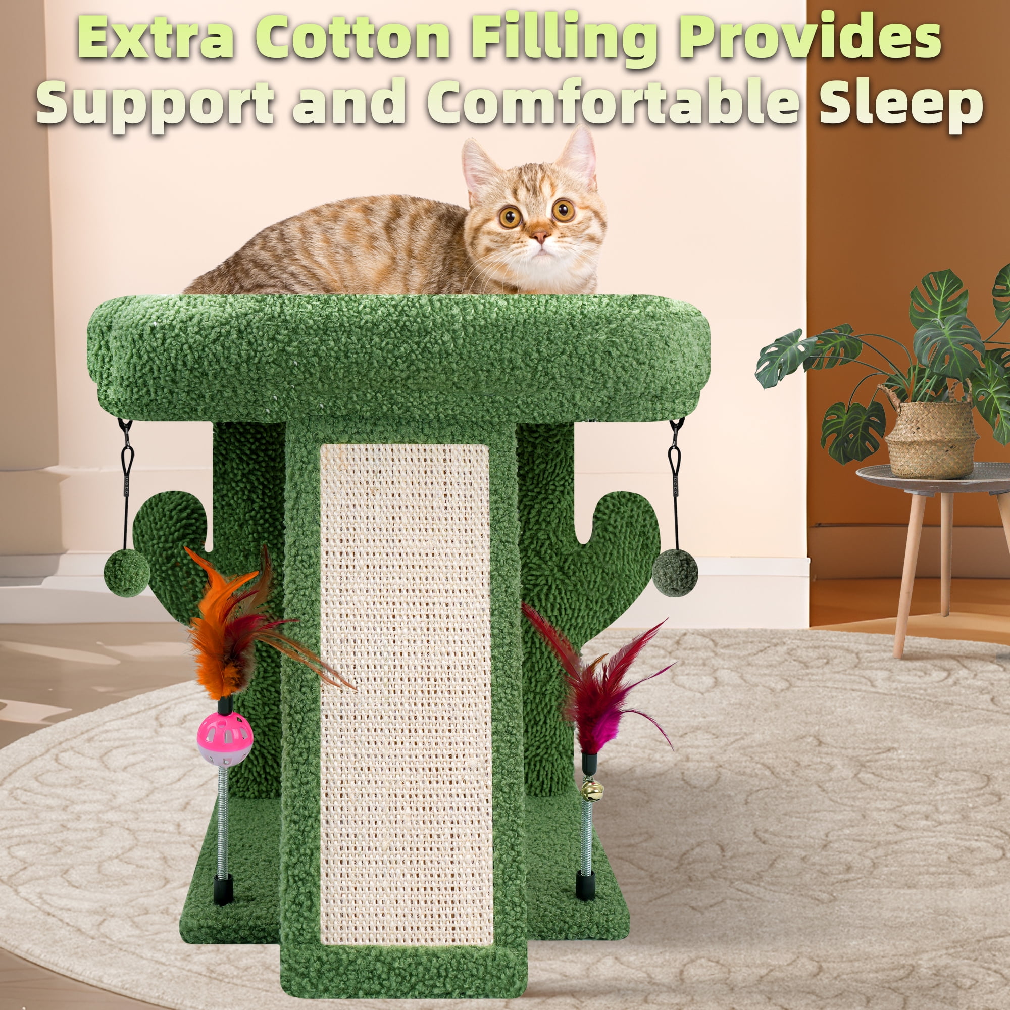AIWIKIDE Desert Cactus Cat Tree with Condo and Scratch Post Hammock Hanging Ball, Green