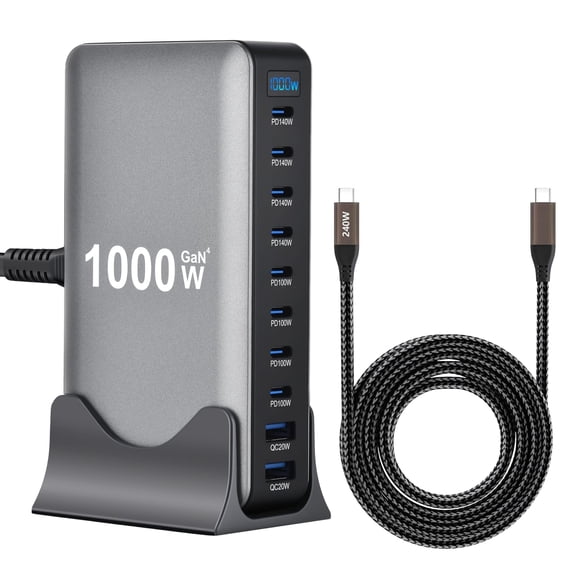1000W GaN4 10-Port Desktop Charging Station with 240W 6.6 ft Power Cable, Black