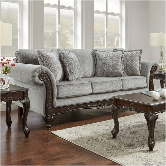 JERFIT Gray Chenille Sofa with Carved Wood Frame, 3-Seater Upholstered Couch for Living Room