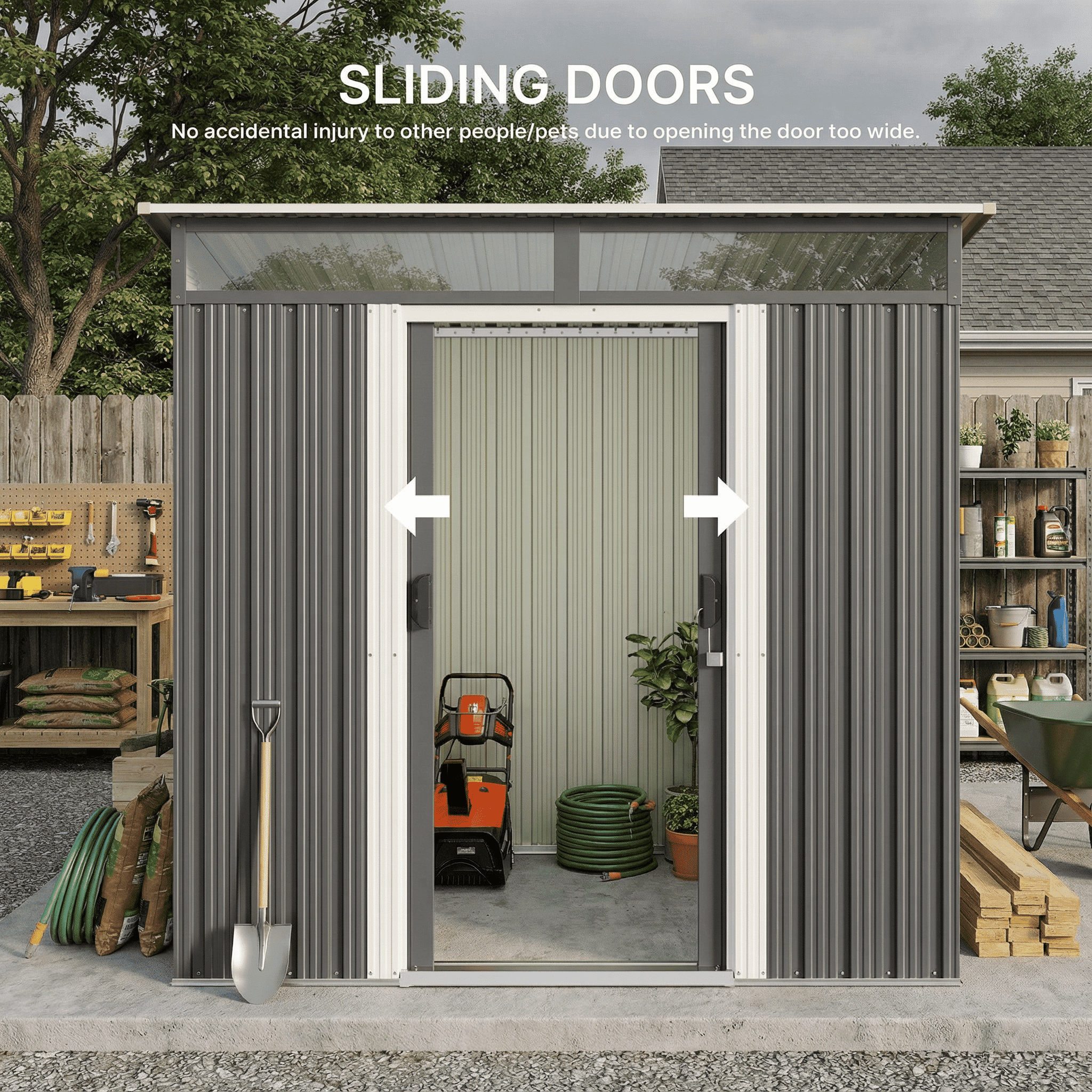 6'x4' Metal Outdoor Storage Shed, Lockable Sliding Doors & Transparent Windows, Multi-functional Tool/Bike Shed for Backyard & Patio, Light Brown