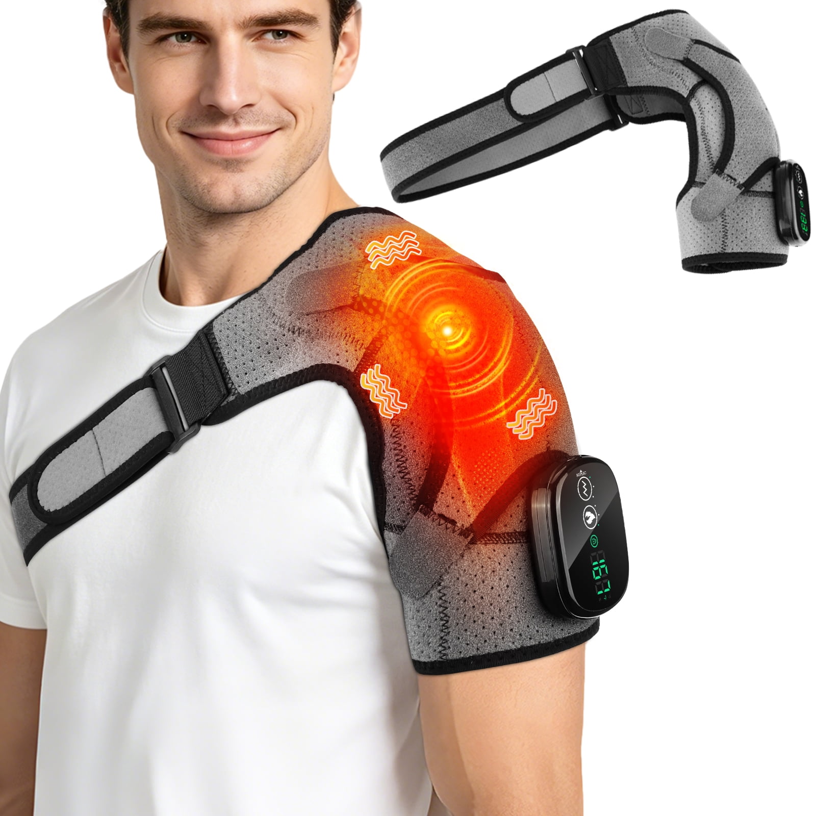 FlareMore Heated Shoulder Brace Wrap,Electric Shoulder Heating Pad Massager ,Rechargeable Cordless Shoulder Massager with 3 Adjustable Vibrations for Men Women, Heated Shoulder Massage for Relax