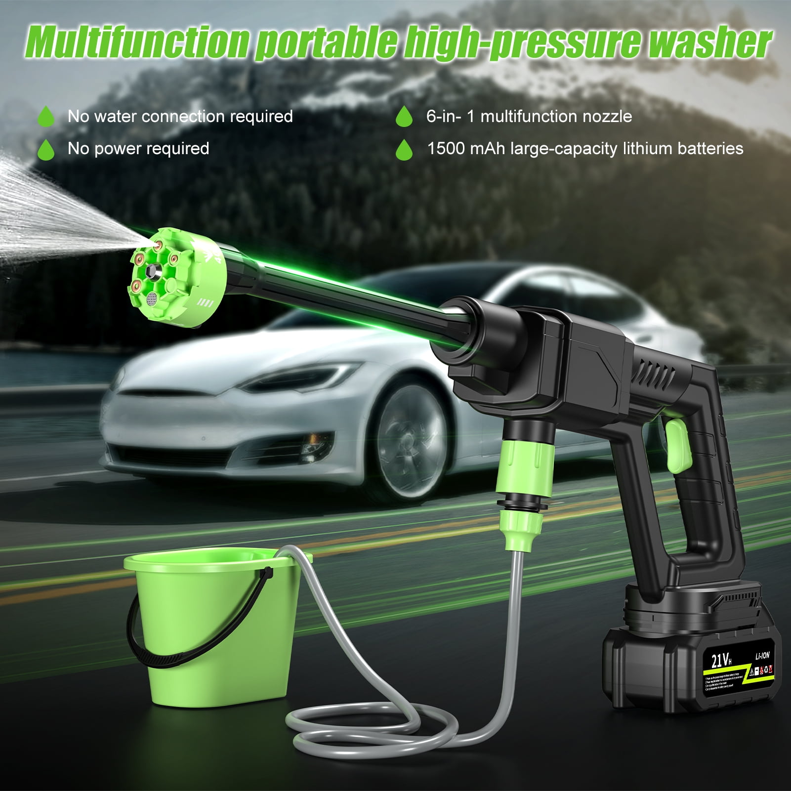 Portable High Pressure Car Wash, 6-in-1 Nozzle Cordless Car Washer, 500PSI Battery Powered Pressure Washer with 2 Rechargeable Batteries & Foam Bottle