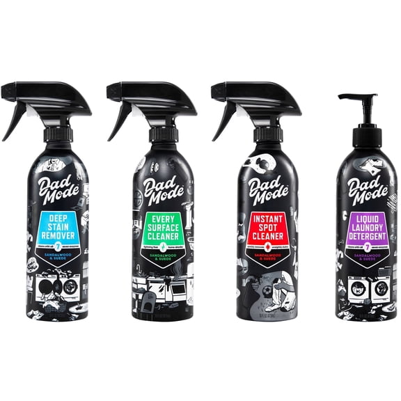 DadMode Home & Laundry Cleaning Set | Stain Remover, Laundry Detergent, Multi-Surface Cleaner, Carpet Cleaner | Sandalwood & Suede | 7-Enzyme Formulas | 2 Month Supply | 64 oz Refillable Aluminum