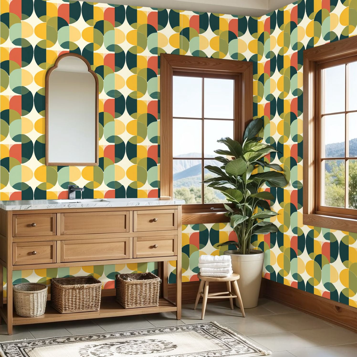 Peel and Stick Wallpaper 23.6in x 9.8ft 60 s 70 s retro seamless vintage style mid century modern Contact Paper Vinyl Waterproof Self Adhesive Wall Paper for Bedroom Shelf Cabinet Renter Friendly