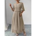 thumbnail image 5 of Womens Khaki Solid Color Round Neck Batwing Sleeve Chiffon Pleated Maxi Dress, 5 of 5
