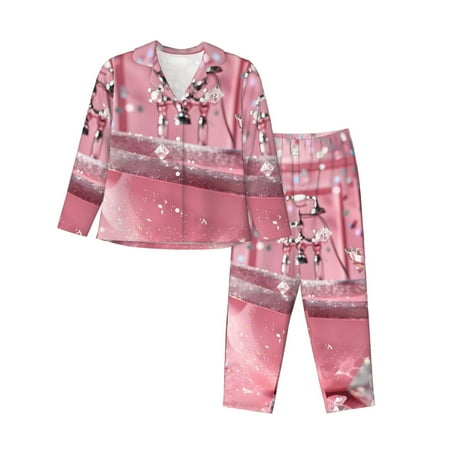 Goofa Glittering Pink Bathtub Printed Womens 2 Piece Pajama Set Super Pajamas Women s Long Sleeve Sleepwear Soft Button Down Loungewear Pjs Lounge Set Nightwear-XX-Large