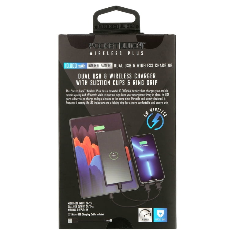Pocket Juice 10K Plus, 3-in-1 10,000mAh Portable Charger with High-Speed Wireless Charging, Black