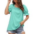 thumbnail image 2 of Blusa de manga corta suave y elegante, holgada, de color puro, para usar en la oficina o al aire libre, talla L, camiseta verde con mangas abullonadas para mujer, 2 of 6