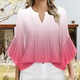 thumbnail image 2 of Wyobmus 3/4 Sleeve Tops for Women Casual Ruffled Cuffed Short Sleeve V Neck T Shirts Gradient Color Blouses Dressy Tunic Tops A-Watermelon Red, 2 of 5