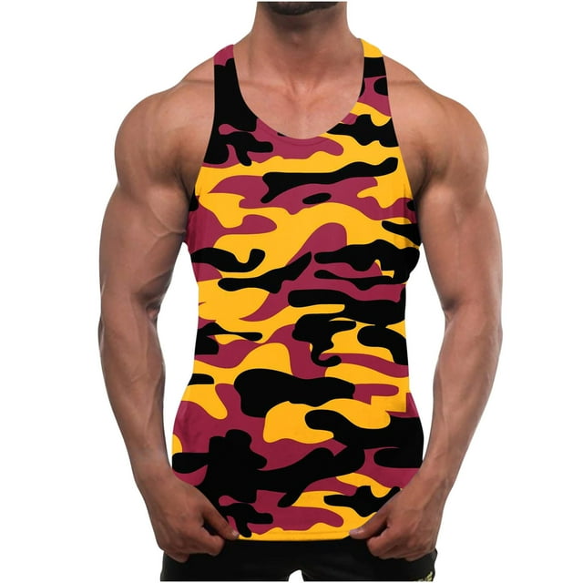 KIHOUT Nouveau Rabais Camisoles pour Hommes Chandail d'Entraînement de Gym Dos en Y Col Rond Imprimé Graphique Sans Manches Musculaire Mise en Forme Culturisme Débardeur