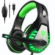 Pacrate Stereo Gaming Headset for PS4, Xbox One, PC with Noise Cancelling Mic - Surround Sound Gaming Headphones - Soft Memory Over Ear PS4 Headset with LED Light for Mac, Laptop Black Green