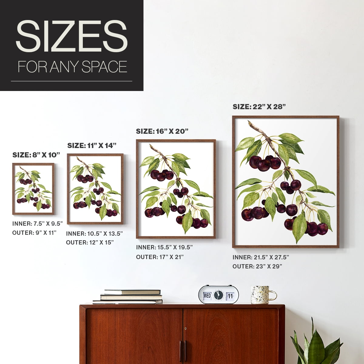 Watercolor Cherries Framed Print in Brown Solid Wood 8 x 10 Framed Print