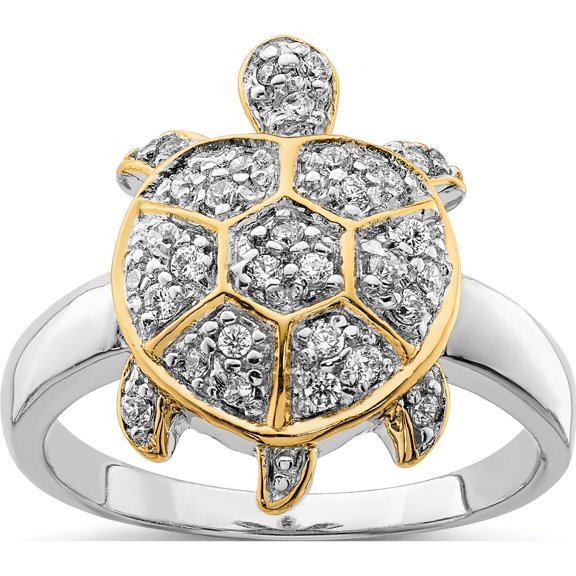 Sterling Silver Cz And Flash Gold-Plated Turtle Ring (Size 6) Made In China qr2808-6