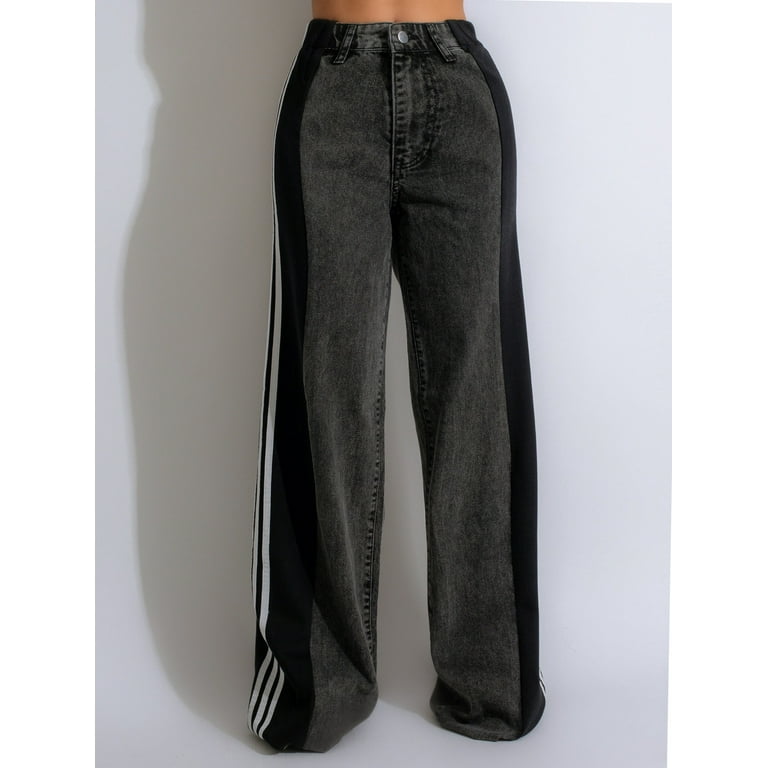 Two-Tone High-Waisted Wide-Leg Jeans with Striped Side Two-Tone High-Waisted Wide-Leg Jeans with Striped Side