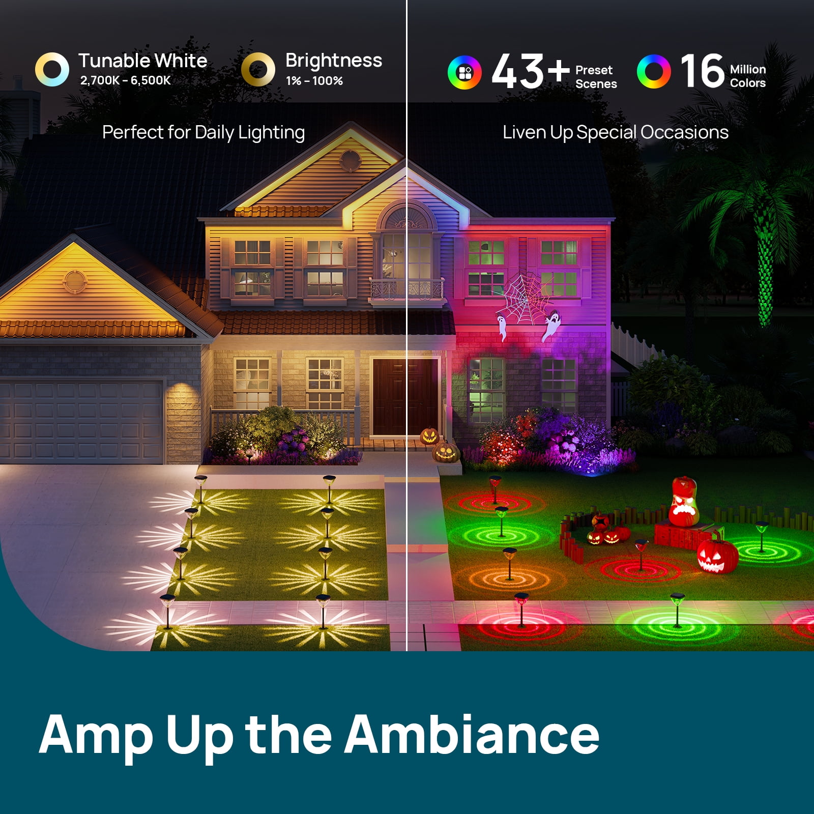 Linkind Smart Solar Pathway Lights SP6C, APP Control Solar Lights Outdoor Waterproof with 5 Swappable Lenses Landscape Lighting, Color Changing Garden Decor for Yard, Patio, Driveway(4 Pack)